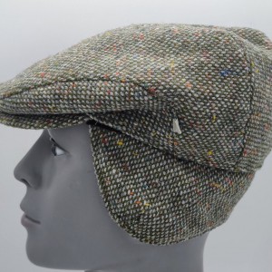 Donegal Irish Tweed Flat Cap with Foldable Earflaps - Green/Grey  Fleck / Speckled  - 100% Pure New Wool - Padded - HANDMADE IN IRELAND