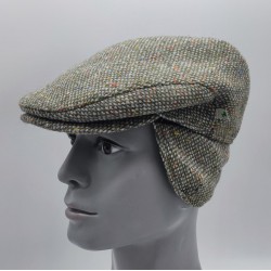 Donegal Irish Tweed Flat Cap with Foldable Earflaps - Green/Grey  Fleck / Speckled  - 100% Pure New Wool - Padded - HANDMADE IN IRELAND