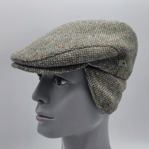 Donegal Irish Tweed Flat Cap with Foldable Earflaps - Green/Grey  Fleck / Speckled  - 100% Pure New Wool - Padded - HANDMADE IN IRELAND