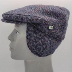 Traditional Irish Donegal Tweed Flat Cap With Foldable Ear Flaps - Dark Denim Fleck Herringbone / Speckled - 100% Wool - HANDMADE IN IRELAND