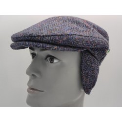 Traditional Irish Donegal Tweed Flat Cap With Foldable Ear Flaps - Dark Denim Fleck Herringbone / Speckled - 100% Wool - HANDMADE IN IRELAND