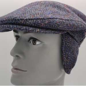 Traditional Irish Donegal Tweed Flat Cap With Foldable Ear Flaps - Dark Denim Fleck Herringbone / Speckled - 100% Wool - HANDMADE IN IRELAND