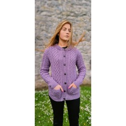 Irish Aran Merino Wool Cardigan Lumber Jacket -Lavender Marl /Very Peri Purple - 100% Pure Merino Wool - Warm & Chunky - HANDMADE IN IRELAND