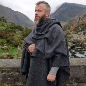 Irish Donegal Tweed Wool Ruana, Cape, Wrap, Cloak - Charcoal/ Grey Salt & Pepper Herringbone  - Heavy Tweed - Unisex - HANDMADE IN IRELAND