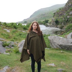 Irish Donegal Tweed Wool Hooded Ruana, Wrap, Cape, Arisaid  - Speckled Forest Green -100% Pure New Wool- Limited Stock - HANDMADE IN IRELAND