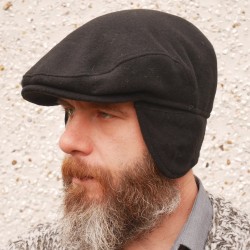 Traditional Irish Wool Flat Cap With Foldable Ear Flaps - Black - 100% Pure New Wool - Padded - HANDMADE IN IRELAND