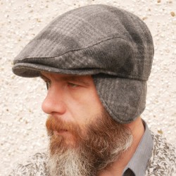 Traditional Irish tweed flat cap -grey/charcoal tartan/plaid check -with foldable/optional ear flaps -100% wool -padded -HANDMADE IN IRELAND