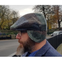 Traditional Irish Donegal Tweed Flat Cap - Green Brown Block Check - 100% Wool - Padded With Foldable Ear Flaps - HANDMADE IN IRELAND