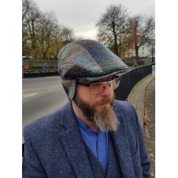 Traditional Irish Donegal Tweed Flat Cap - Green Brown Block Check - 100% Wool - Padded With Foldable Ear Flaps - HANDMADE IN IRELAND