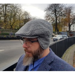 Traditional Irish Tweed Flat Cap - Grey/Blue Tartan/Plaid/Check - 100% Pure New Wool - Padded - With Foldable Ear Flaps -HANDMADE IN IRELAND