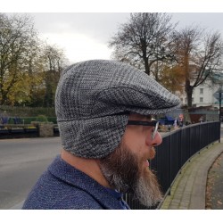 Traditional Irish Tweed Flat Cap - Grey/Blue Tartan/Plaid/Check - 100% Pure New Wool - Padded - With Foldable Ear Flaps -HANDMADE IN IRELAND