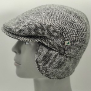 Irish Tweed Flat Cap - Black & White Herringbone - 100% Pure New Wool - Padded - With Foldable Ear Flaps - HANDMADE IN IRELAND