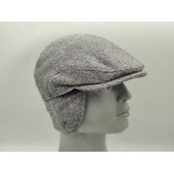 Irish Tweed Flat Cap - Black & White Herringbone - 100% Pure New Wool - Padded - With Foldable Ear Flaps - HANDMADE IN IRELAND