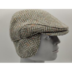 Traditional Irish Donegal Tweed Flat Cap -Speckled/Fleck Green Herringbone- 100% Wool -Padded - With Foldable Ear Flaps -HANDMADE IN IRELAND