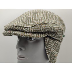 Traditional Irish Donegal Tweed Flat Cap -Speckled/Fleck Green Herringbone- 100% Wool -Padded - With Foldable Ear Flaps -HANDMADE IN IRELAND