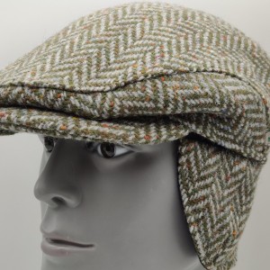 Traditional Irish Donegal Tweed Flat Cap -Speckled/Fleck Green Herringbone- 100% Wool -Padded - With Foldable Ear Flaps -HANDMADE IN IRELAND